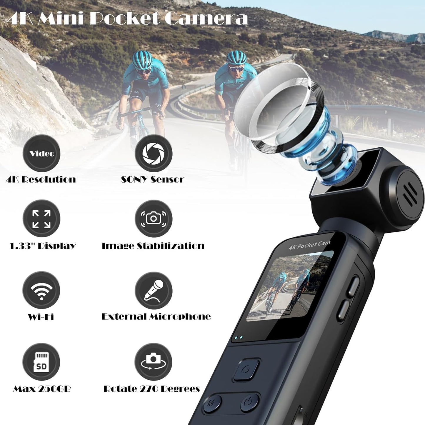 Cámara Digital de Bolsillo 4K – Rotación 270°, WiFi, Estabilización y Grabación en Movimiento